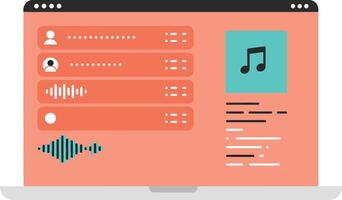 Music streaming interface with user profiles and audio waveforms flat design illustration vector