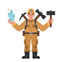 Miner holding crystal and mining tools flat illustration with brown uniform and helmet vector