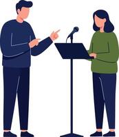 Two young adults rehearsing speech with microphone stand flat design illustration vector