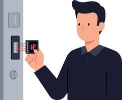Man using digital card access system for secure entry flat design illustration vector