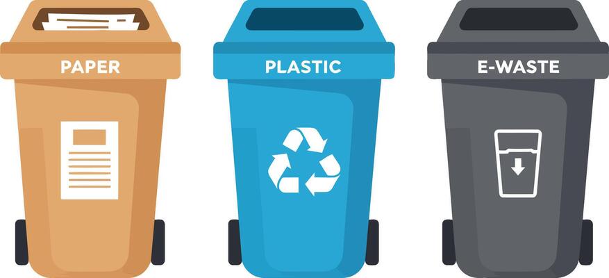 Three recycling bins for paper plastic and e waste in flat minimal style illustration