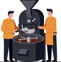 Coffee roasting process with two workers operating large roasting machine in factory environment vector