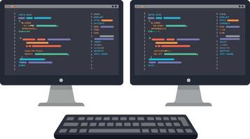 Dual desktop computer monitors with colorful code lines and keyboard in flat style illustration vector