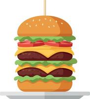 Double cheeseburger with lettuce tomato and sesame bun flat design illustration vector