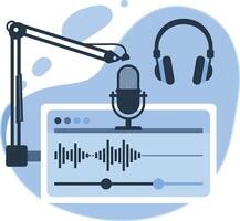 Podcast recording setup with microphone, headphones, and audio waveform in flat minimal style illustration vector