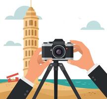 Hands holding vintage camera on tripod capturing Leaning Tower of Pisa in flat design illustration vector
