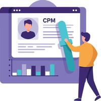 Male character analyzing digital profile with bar chart in minimal flat design illustration vector