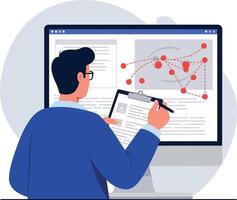 Man analyzing data on computer screen with document and pen in flat style illustration vector