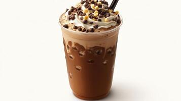 Chocolate beverage in plastic cup with whipped cream and toppings photo