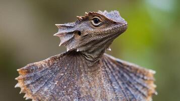 A close up portrait of a reptile with frill around head photo
