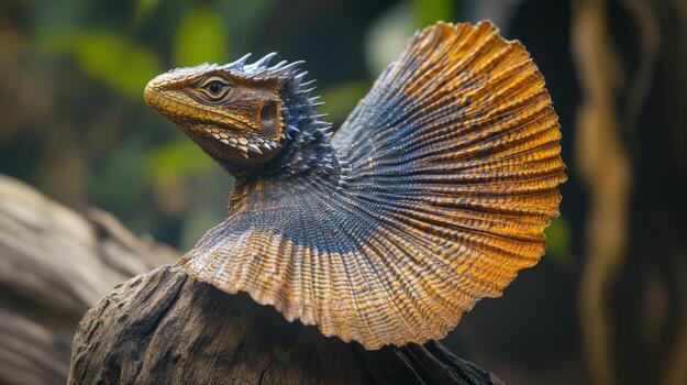 A colorful lizard with a large frill on a wooden perch photo