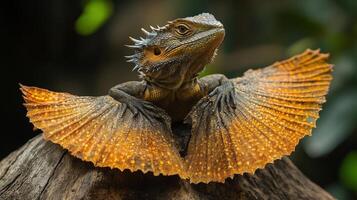 An impressive lizard with a frill displaying vibrant colors on display photo