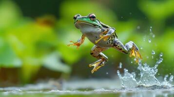 A green frog is leaping out of the shallow water with splashes photo