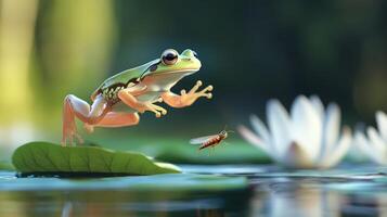 A green frog leaps for an insect above a tranquil water surface photo