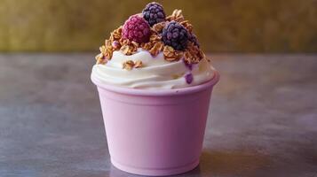Frozen yogurt dessert cup with berries and granola toppings photo