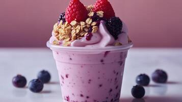 A delicious frozen yogurt with various fresh berry toppings is shown photo