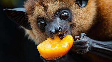 A cute bat is eating a piece of orange fruit photo