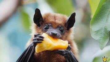 A brown bat enjoys eating a piece of yellow fruit photo