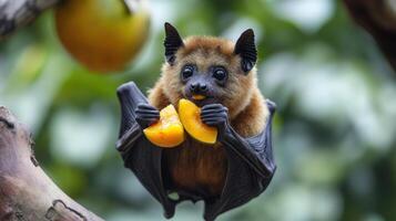 A cute bat is eating some delicious yellow fruit photo