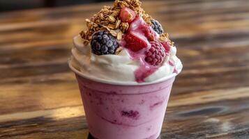 A delicious berry smoothie topped with cream granola and fruit photo