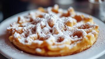 A delicious golden waffle dusted with powdered sugar on a plate photo