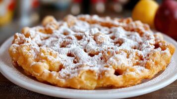 Delicious funnel cake dusted with powdered sugar is on display now photo