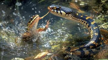 A snake attempts to eat a frog in a water filled area photo