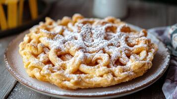 A delicious funnel cake sprinkled with powdered sugar on a plate photo