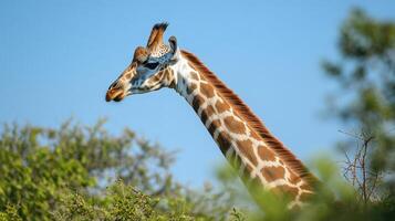 A Tall Giraffe Reaching Upwards Above Green Vegetation And Sky photo