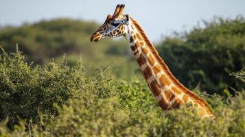 A tall giraffe peers from behind dense green foliage and bushes photo