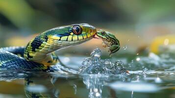 A snake attempts to capture a small frog in water photo