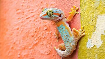 Colorful lizard clings onto a textured orange and yellow wall photo