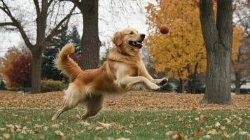 A golden retriever jumping to catch a ball in a park setting photo