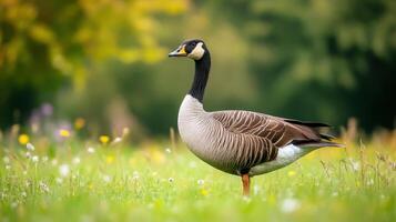 A stately goose stands calmly in a field of green grass photo