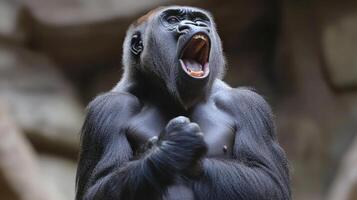 A large gorilla displays its teeth and opens its mouth in awe photo