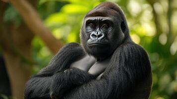 A majestic gorilla with dark fur looking directly at the viewer photo