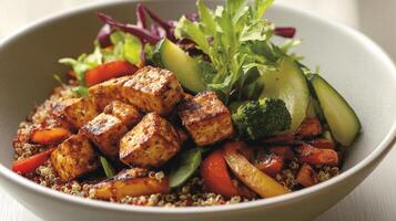 A Healthy Bowl Contains Tofu Quinoa Vegetables and Greens photo