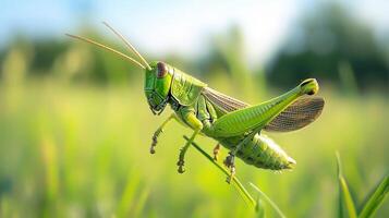 A close up image of a vibrant green grasshopper photo