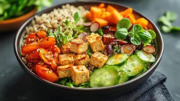 A colorful and healthy bowl of many fresh ingredients photo