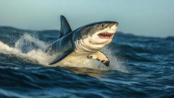 A large shark jumping out of the ocean with open jaws photo