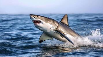A large white shark jumps from ocean water with speed photo