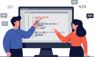 Two programmers discussing code on large computer screen flat design illustration vector