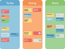 Kanban task management board with colorful sticky notes in flat design productivity workflow illustration vector
