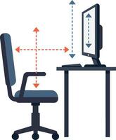 Adjustable office chair with ergonomic desk and monitor in minimal flat design illustration vector