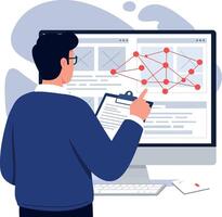 Businessman analyzing data on computer screen with clipboard in flat modern style illustration vector
