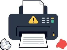 Office printer with warning sign and crumpled paper sheets flat minimal art vector