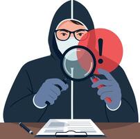 Person in protective suit examining documents with magnifying glass and alert symbol flat illustration vector