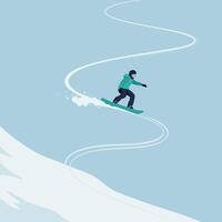 Snowboarder in teal jacket making curved descent on snow hill minimal flat illustration vector