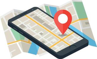 Smartphone with location pin on folded map flat design digital navigation illustration vector