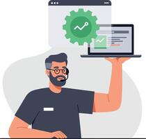 Man holding laptop with analytics and settings icons for technology development illustration vector